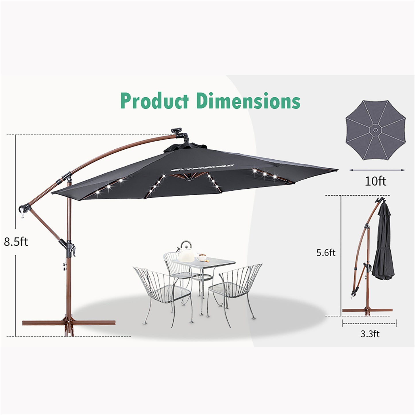 EchoSmile 10 ft. Fiberglass Cantilever Adjustable Canopy Tilt Solar Patio Umbrella