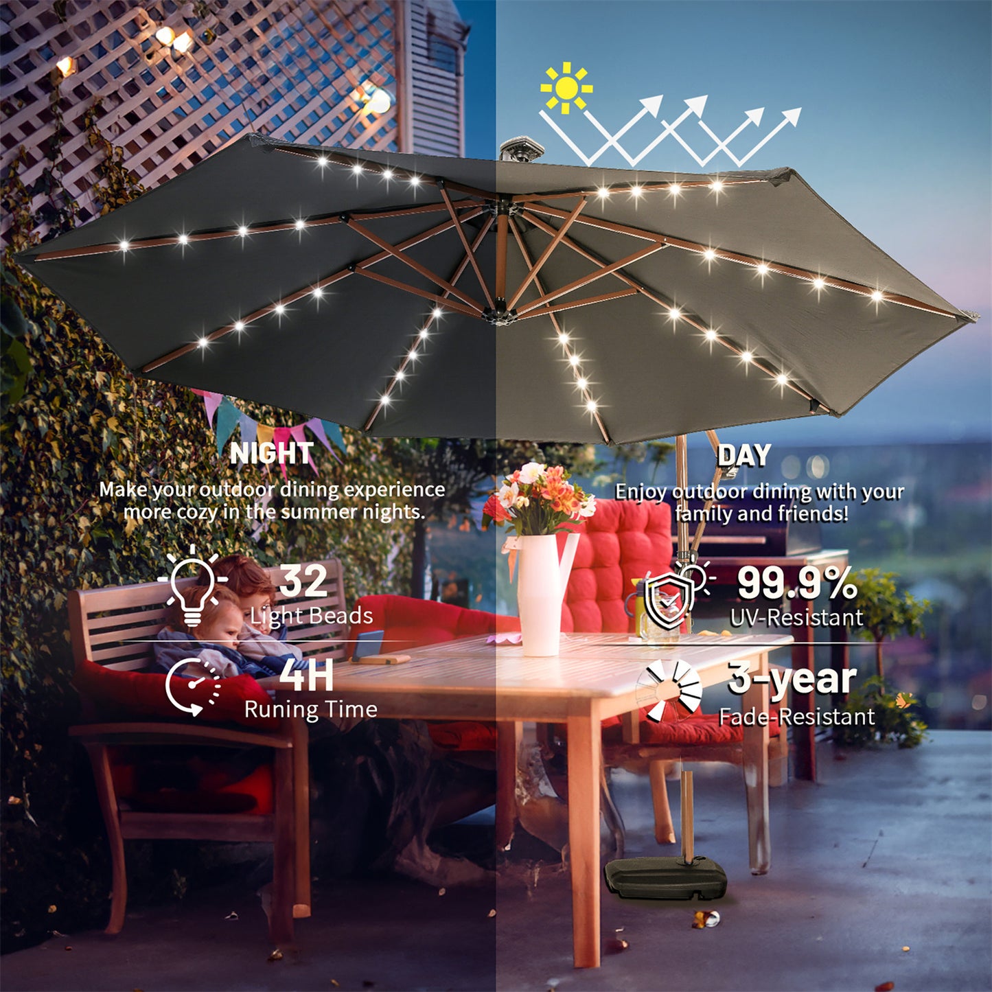 EchoSmile 10 ft. Fiberglass Cantilever Adjustable Canopy Tilt Solar Patio Umbrella
