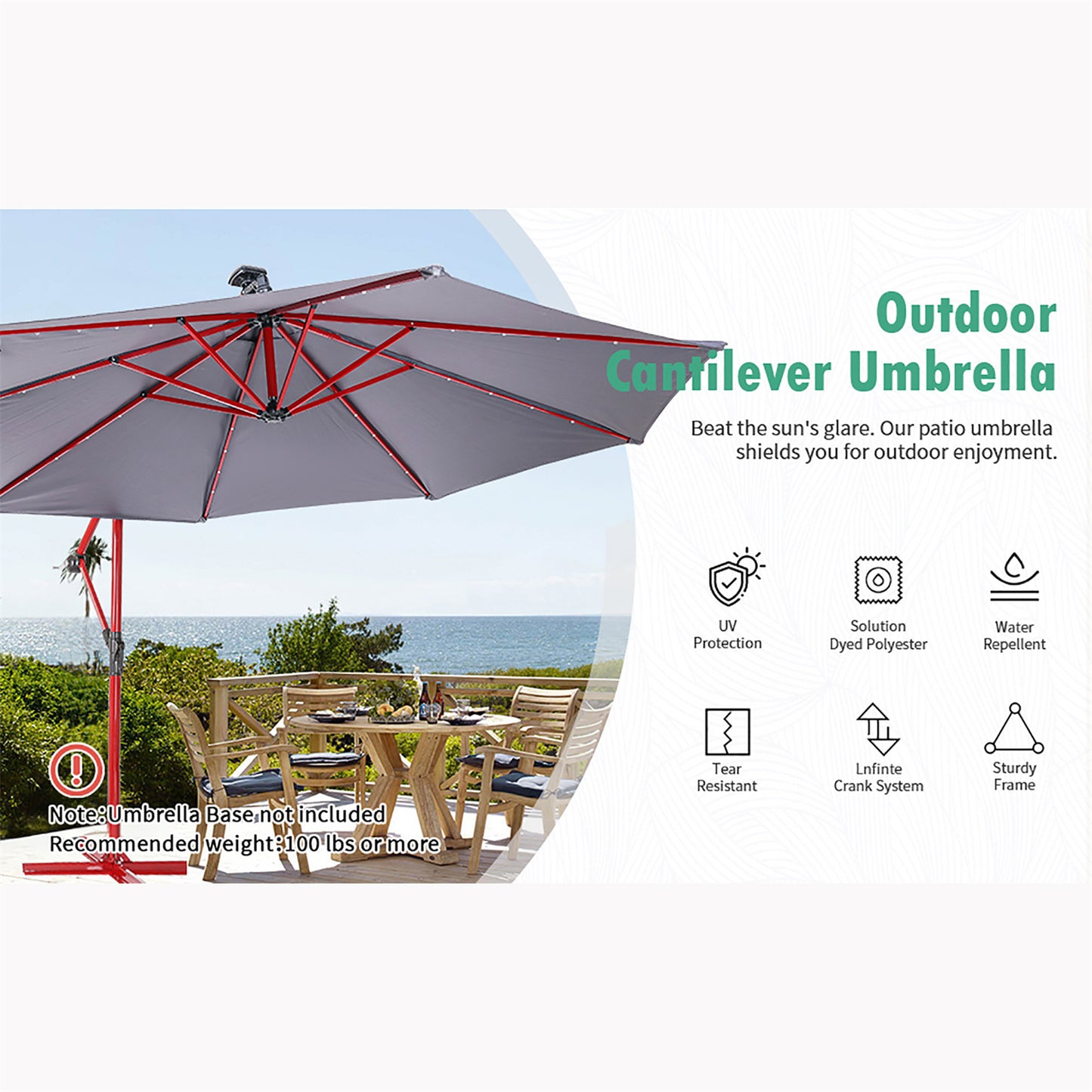 EchoSmile 10 ft. Fiberglass Cantilever Adjustable Canopy Tilt Solar Patio Umbrella