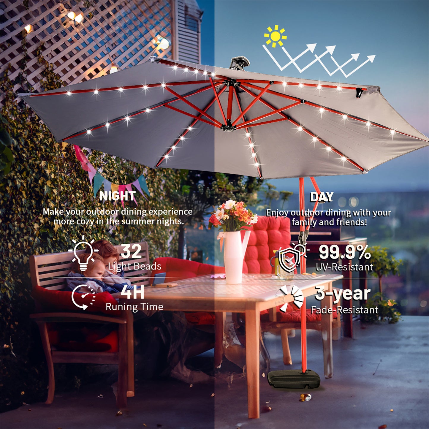 EchoSmile 10 ft. Fiberglass Cantilever Adjustable Canopy Tilt Solar Patio Umbrella