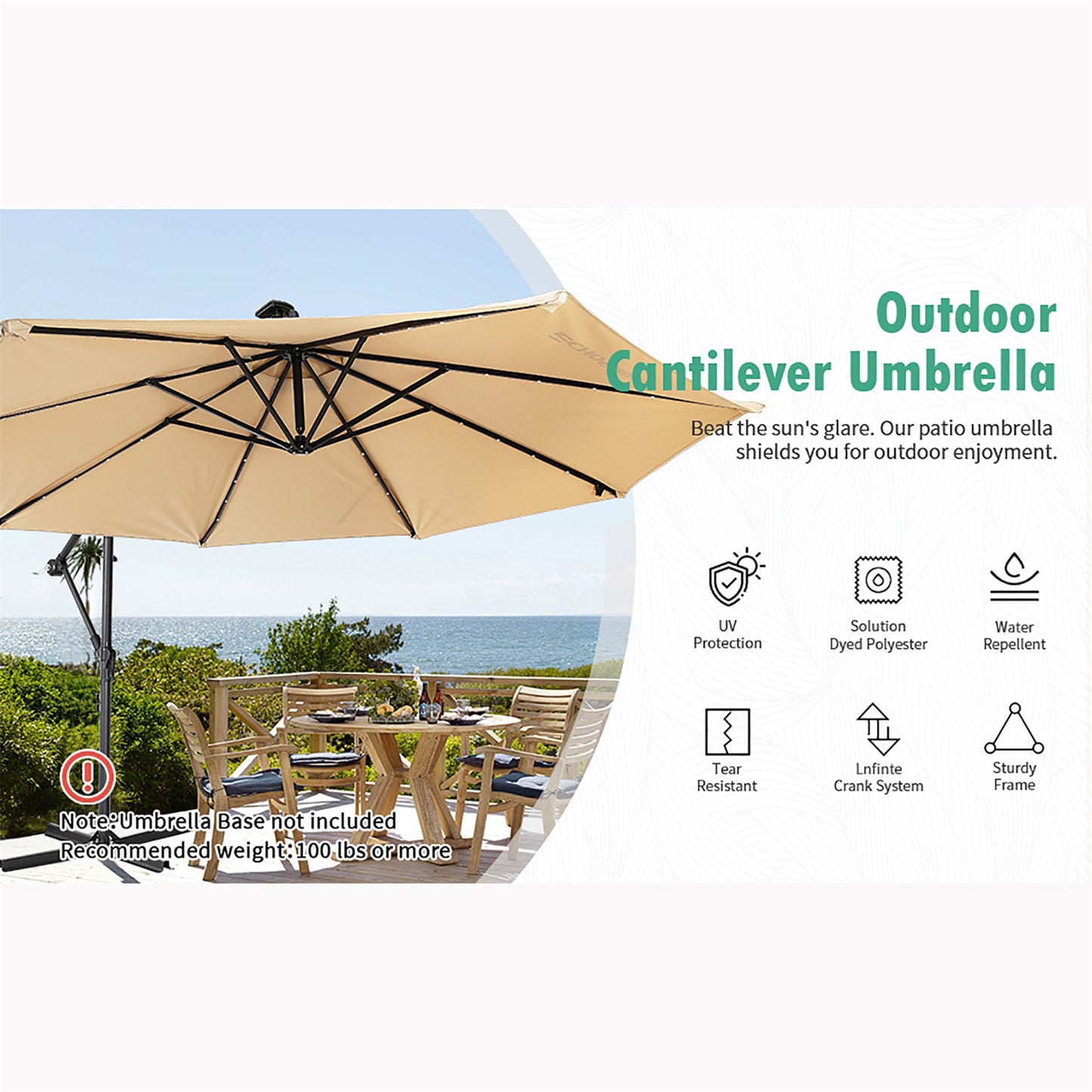 EchoSmile 10 ft. Fiberglass Cantilever Adjustable Canopy Tilt Solar Patio Umbrella
