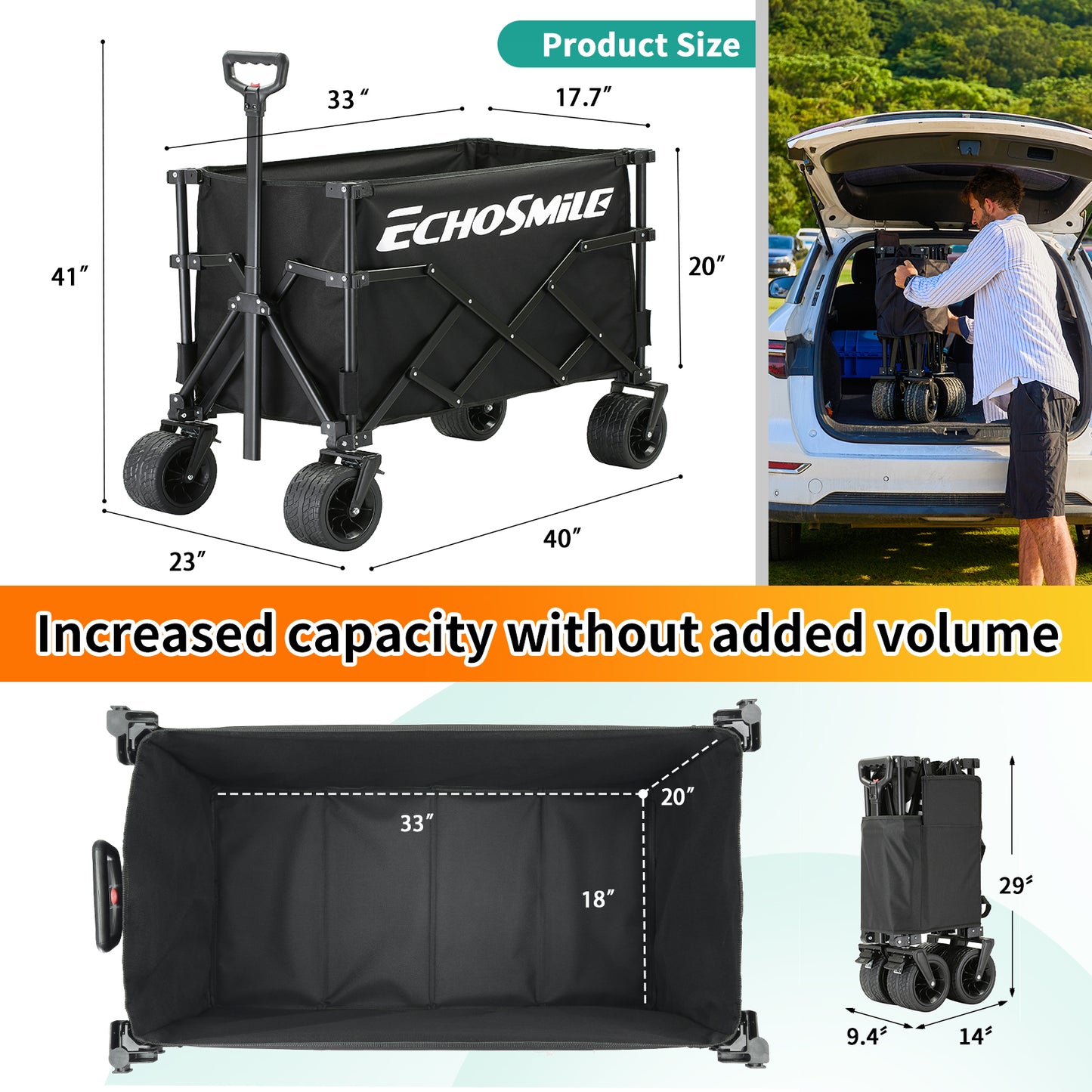 EchoSmile 6.85 cu. ft. Fabric Portable Garden Cart with Adjustable Rolling Wheels in Black