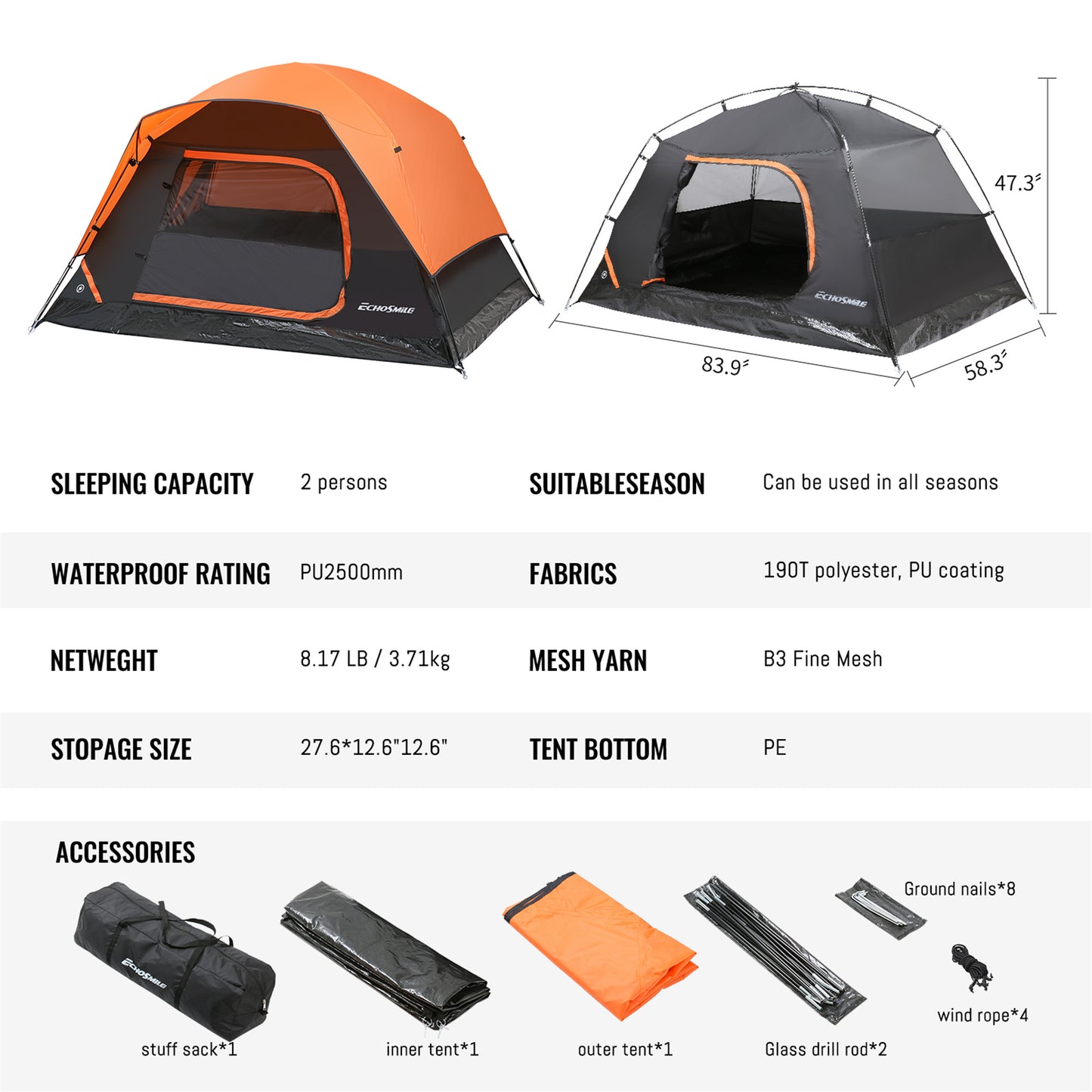 EchoSmile 2-Person Nylon Dome Tent