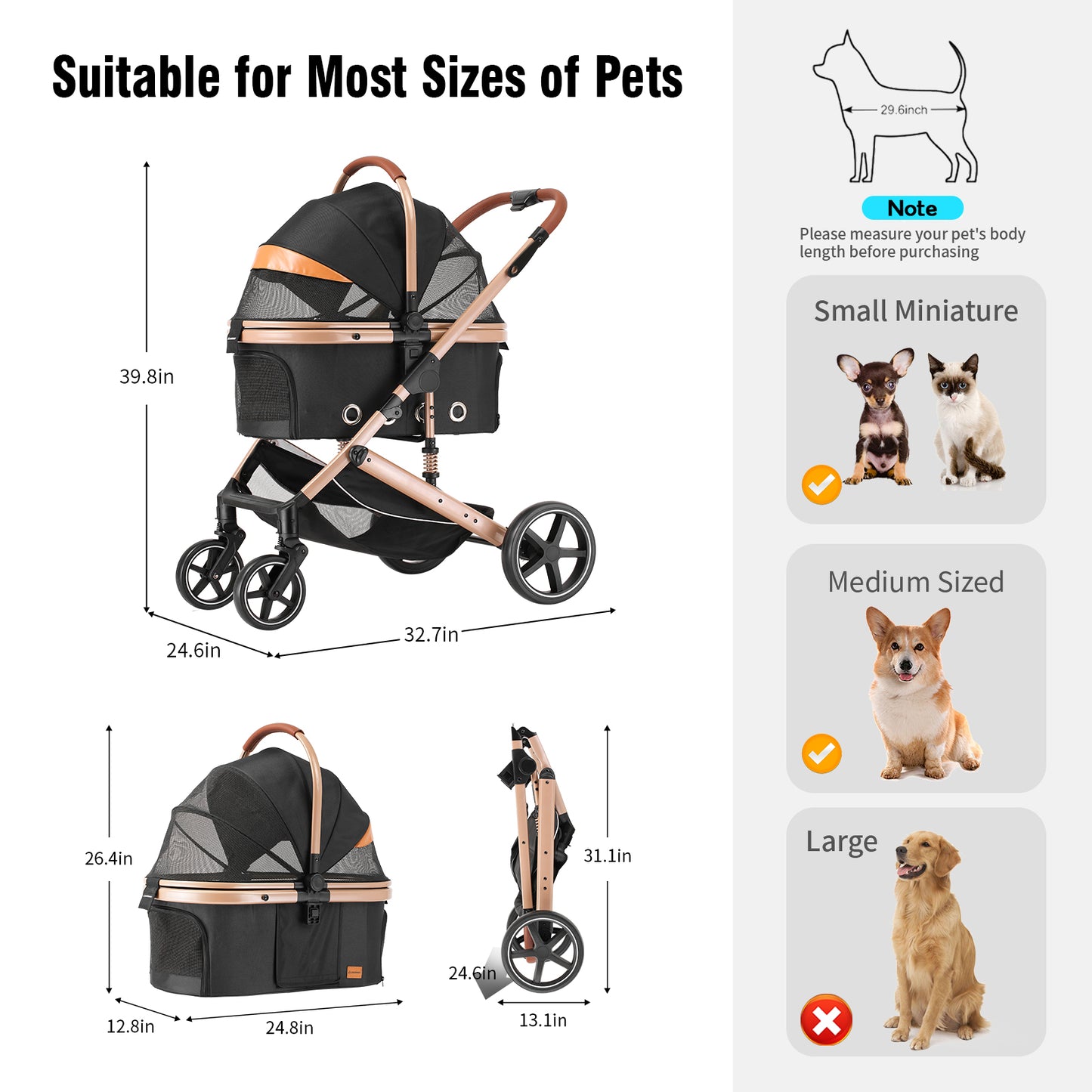 EchoSmile Black Lightweight Folding Pet Stroller with Detachable Carrier