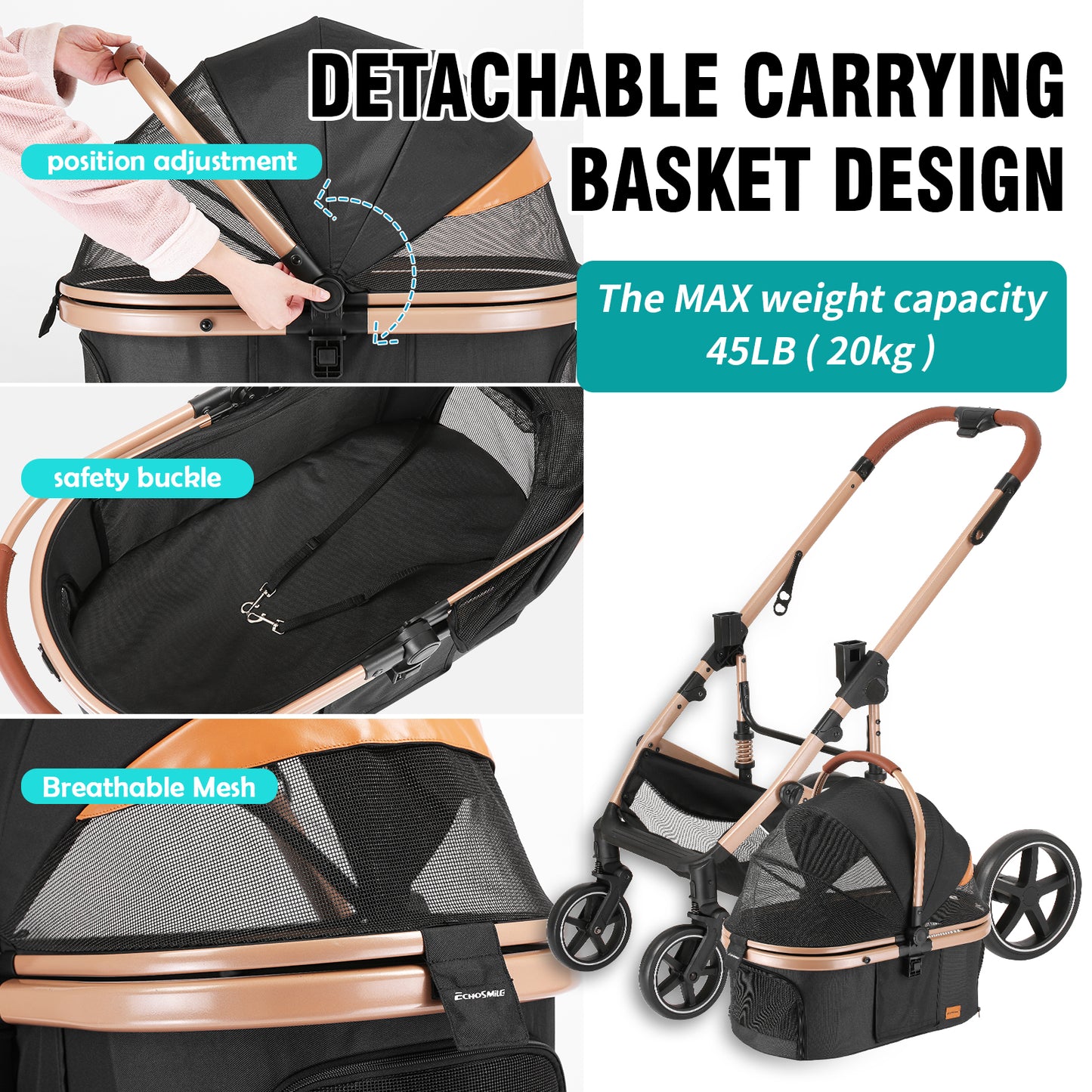 EchoSmile Black Lightweight Folding Pet Stroller with Detachable Carrier
