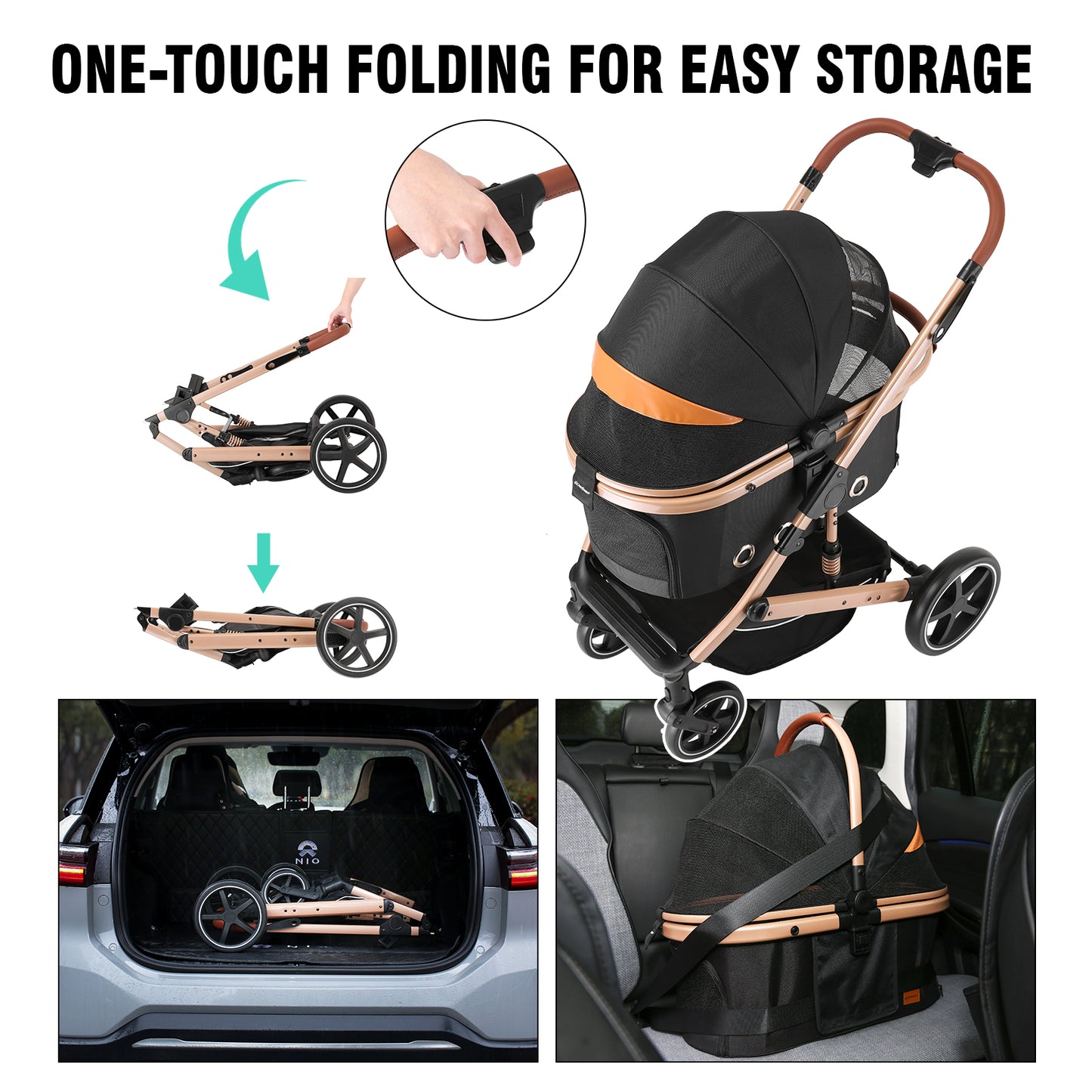 EchoSmile Black Lightweight Folding Pet Stroller with Detachable Carrier