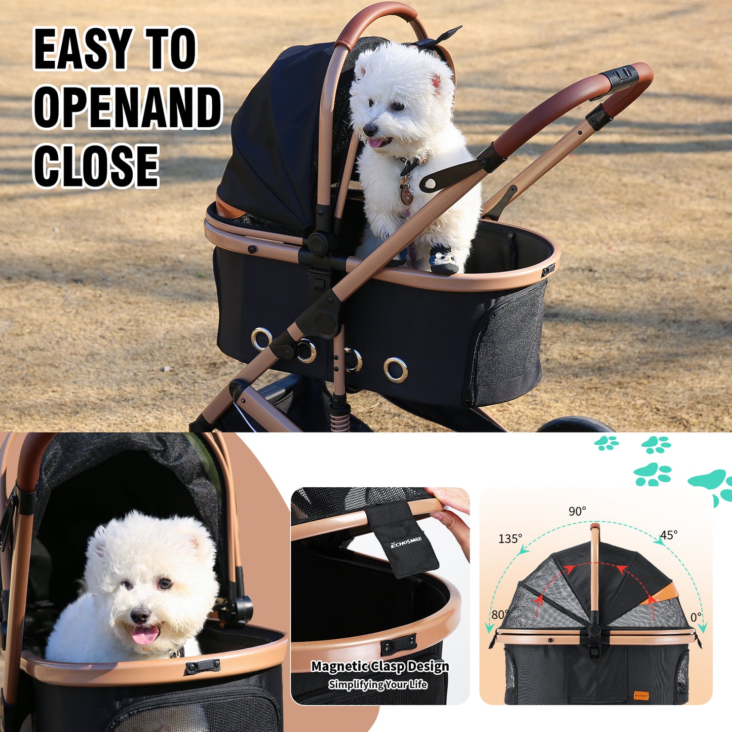 EchoSmile Black Lightweight Folding Pet Stroller with Detachable Carrier