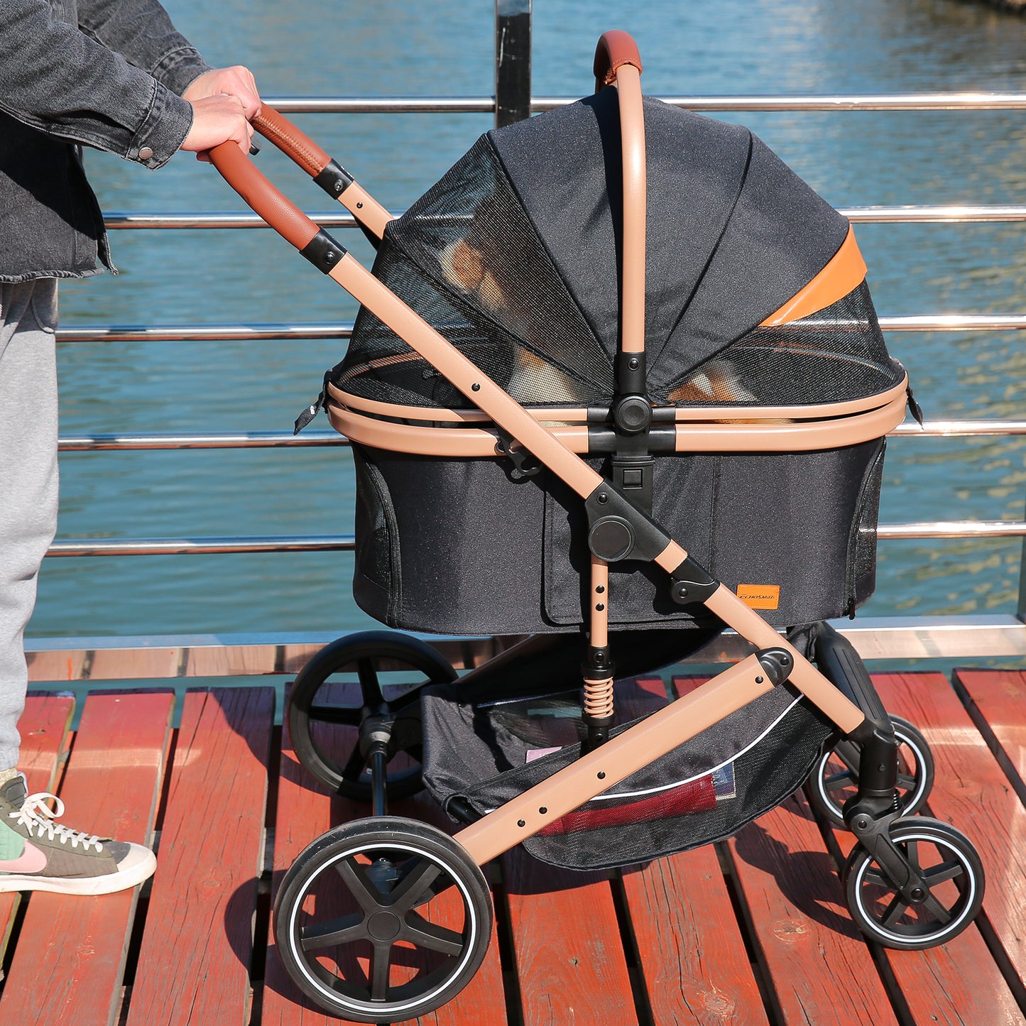EchoSmile Black Lightweight Folding Pet Stroller with Detachable Carrier