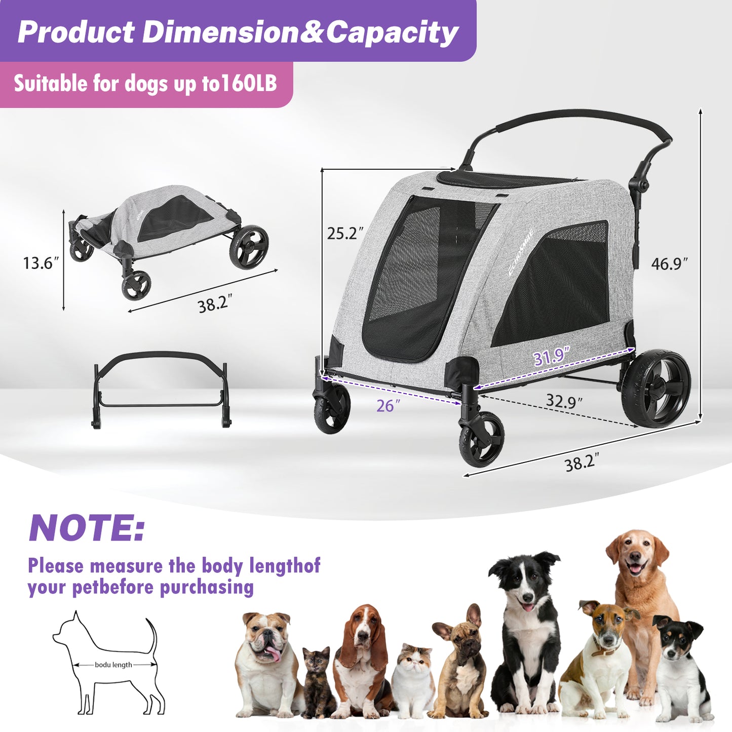 EchoSmile Gray Lightweight Folding Pet Stroller with Adjustable Handles