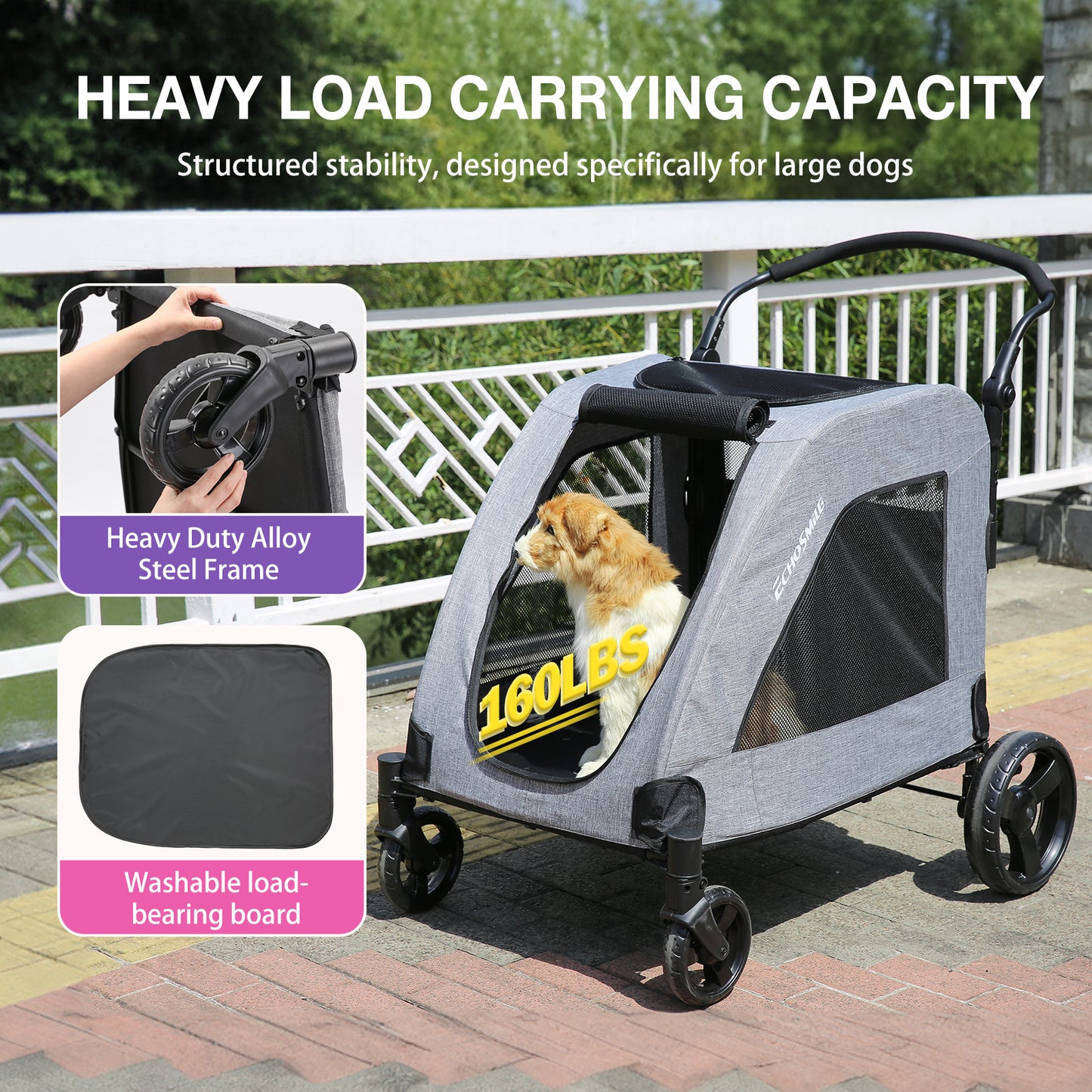 EchoSmile Gray Lightweight Folding Pet Stroller with Adjustable Handles