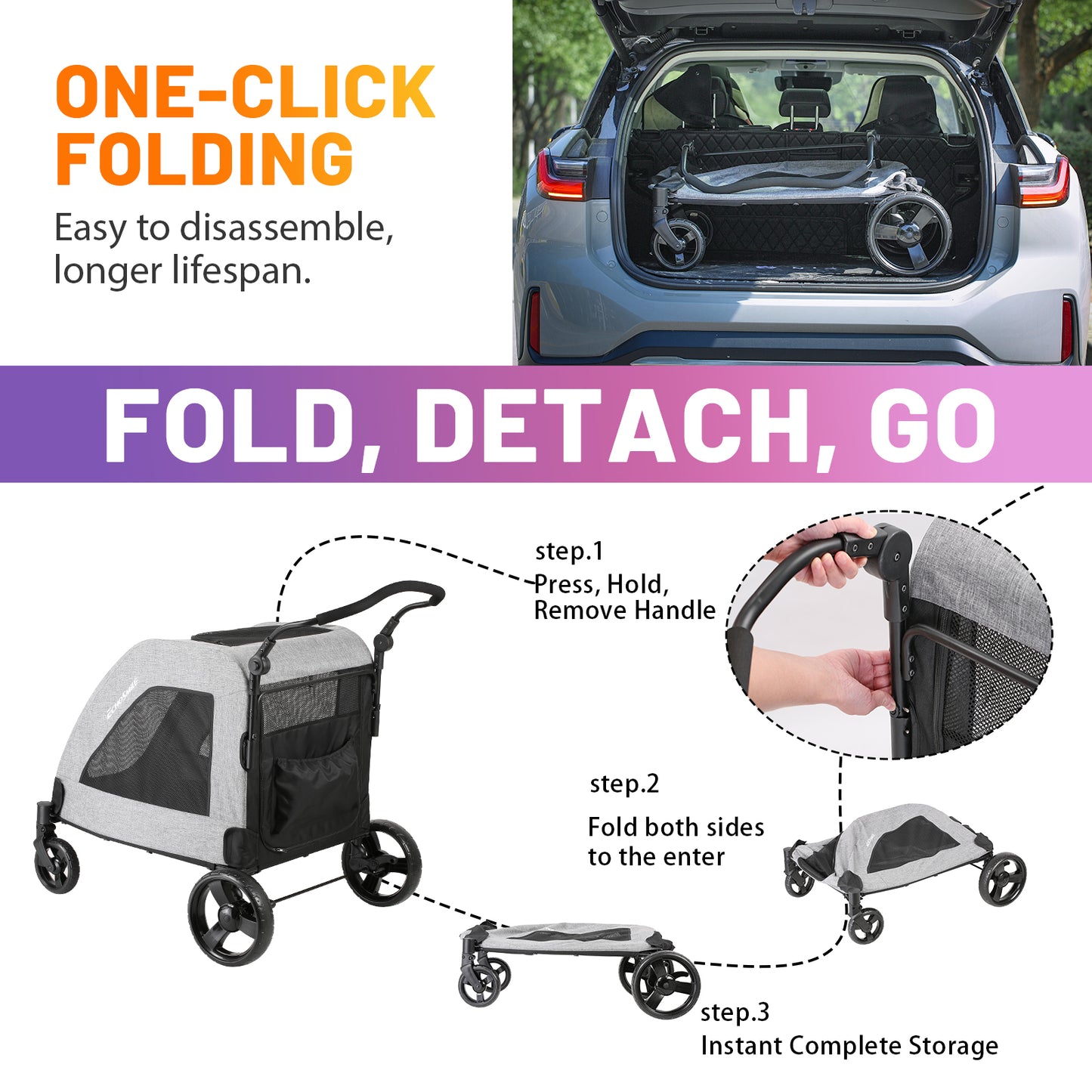 EchoSmile Gray Lightweight Folding Pet Stroller with Adjustable Handles