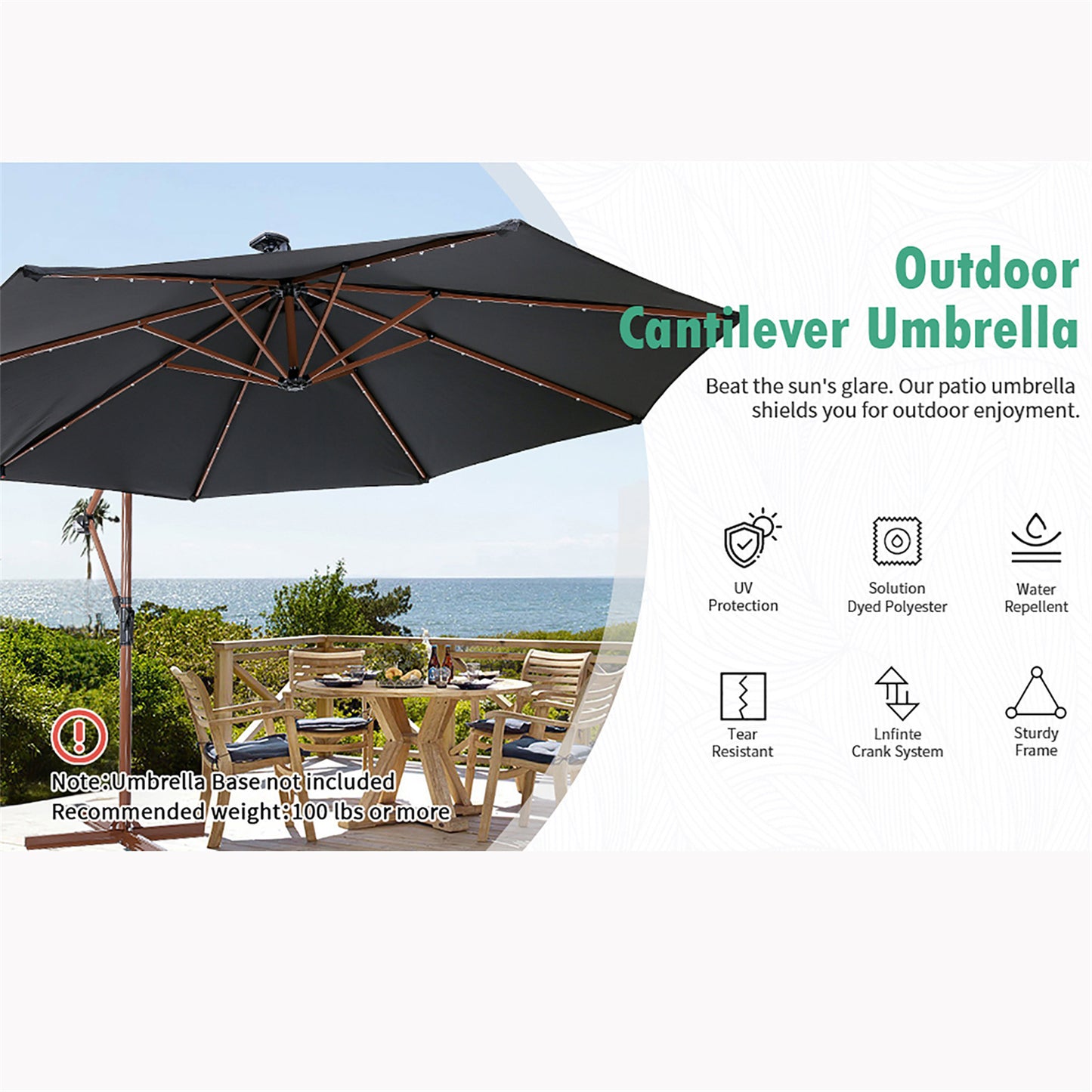 EchoSmile 10 ft.  Fiberglass Cantilever Adjustable Canopy Tilt Solar Patio Umbrella