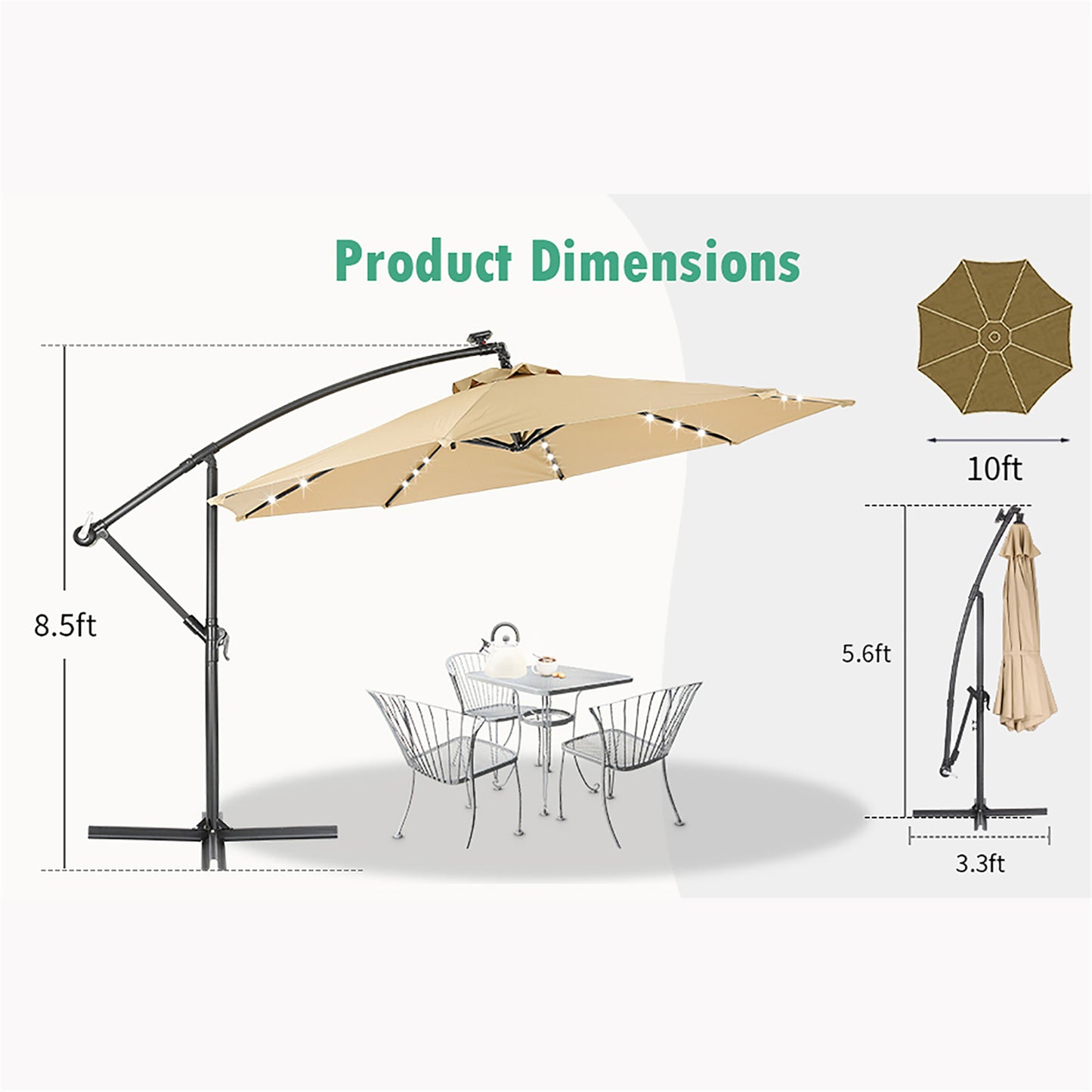 EchoSmile 10 ft.  Fiberglass Cantilever Adjustable Canopy Tilt Solar Patio Umbrella