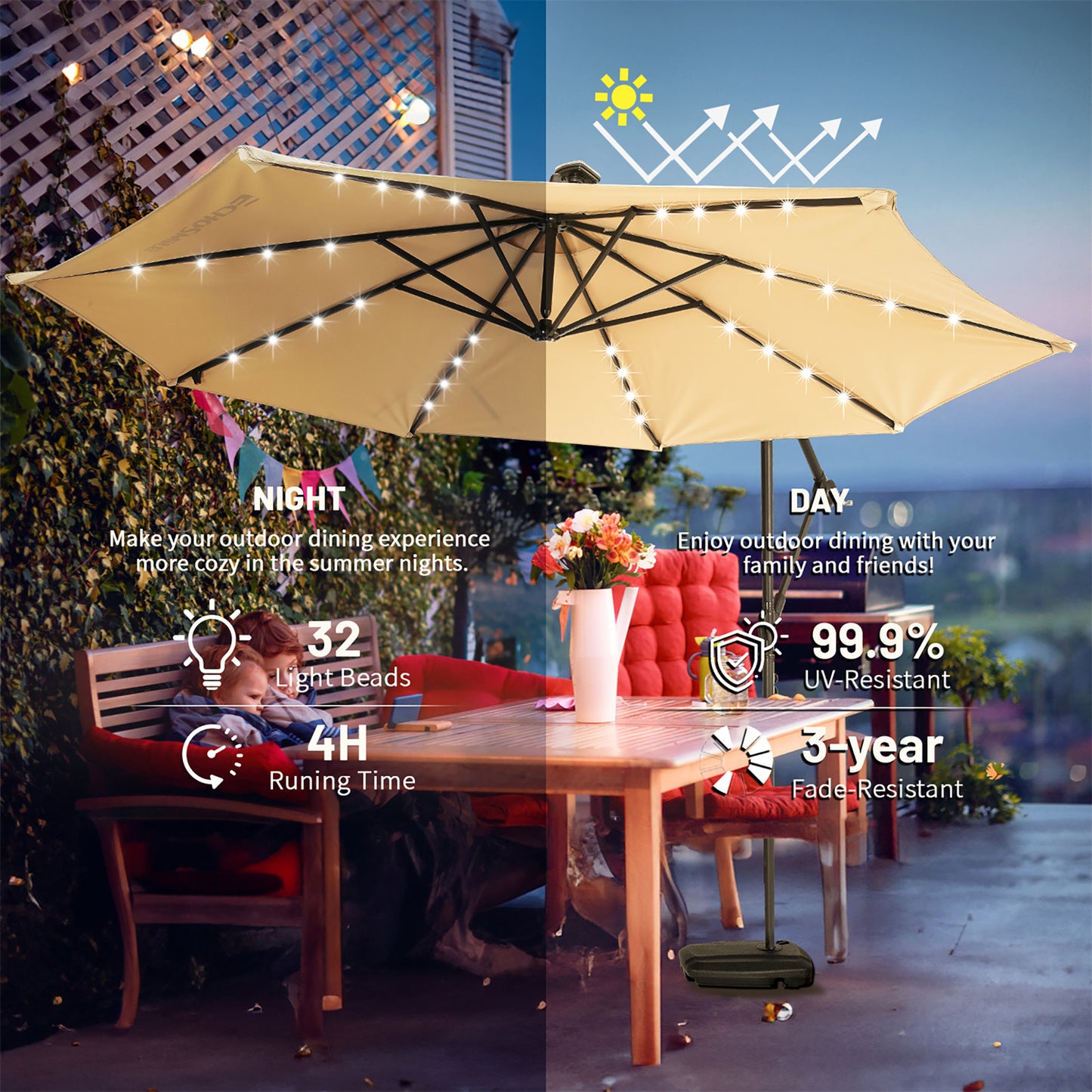 EchoSmile 10 ft.  Fiberglass Cantilever Adjustable Canopy Tilt Solar Patio Umbrella