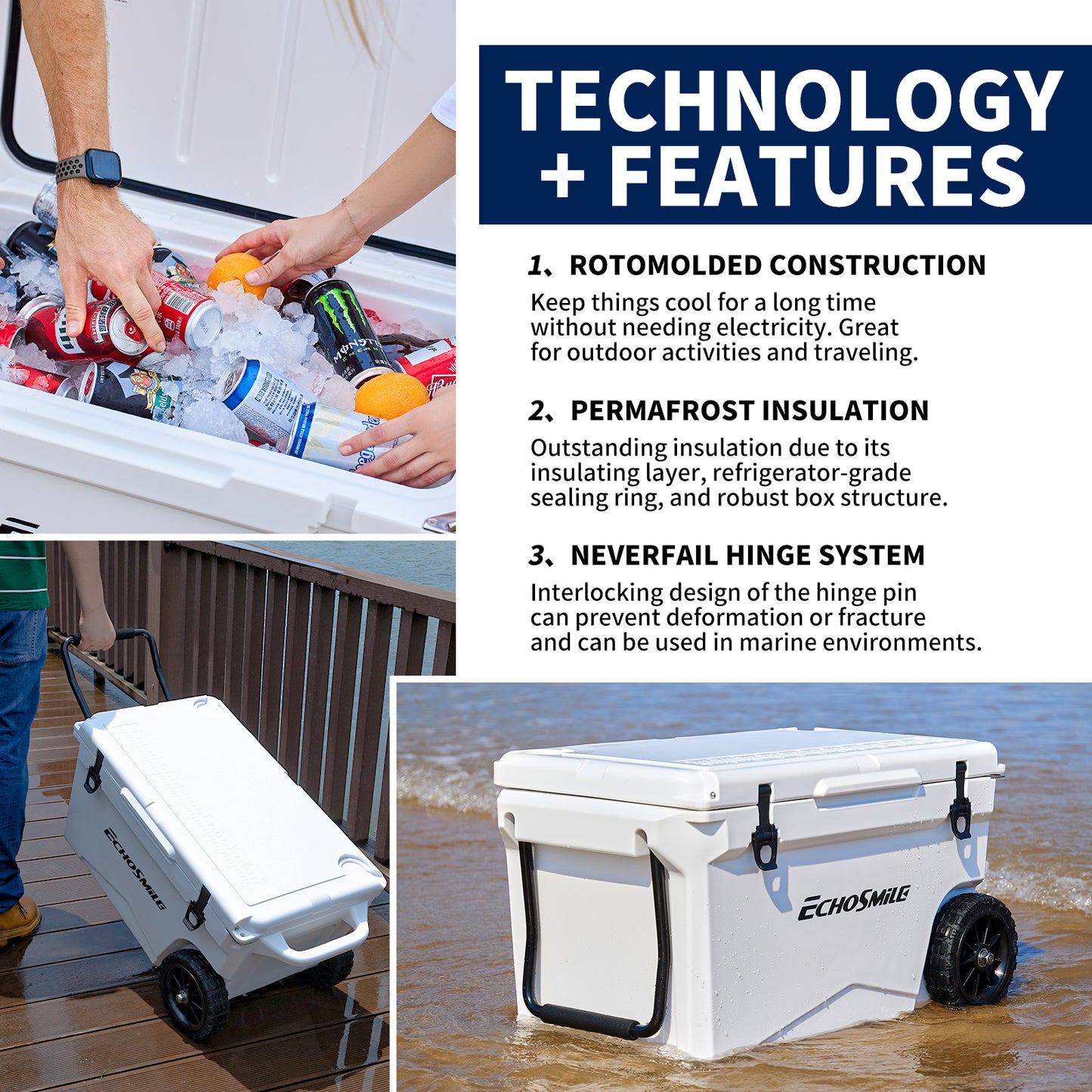 EchoSmile 60 qt. Rotomolded Cooler in White