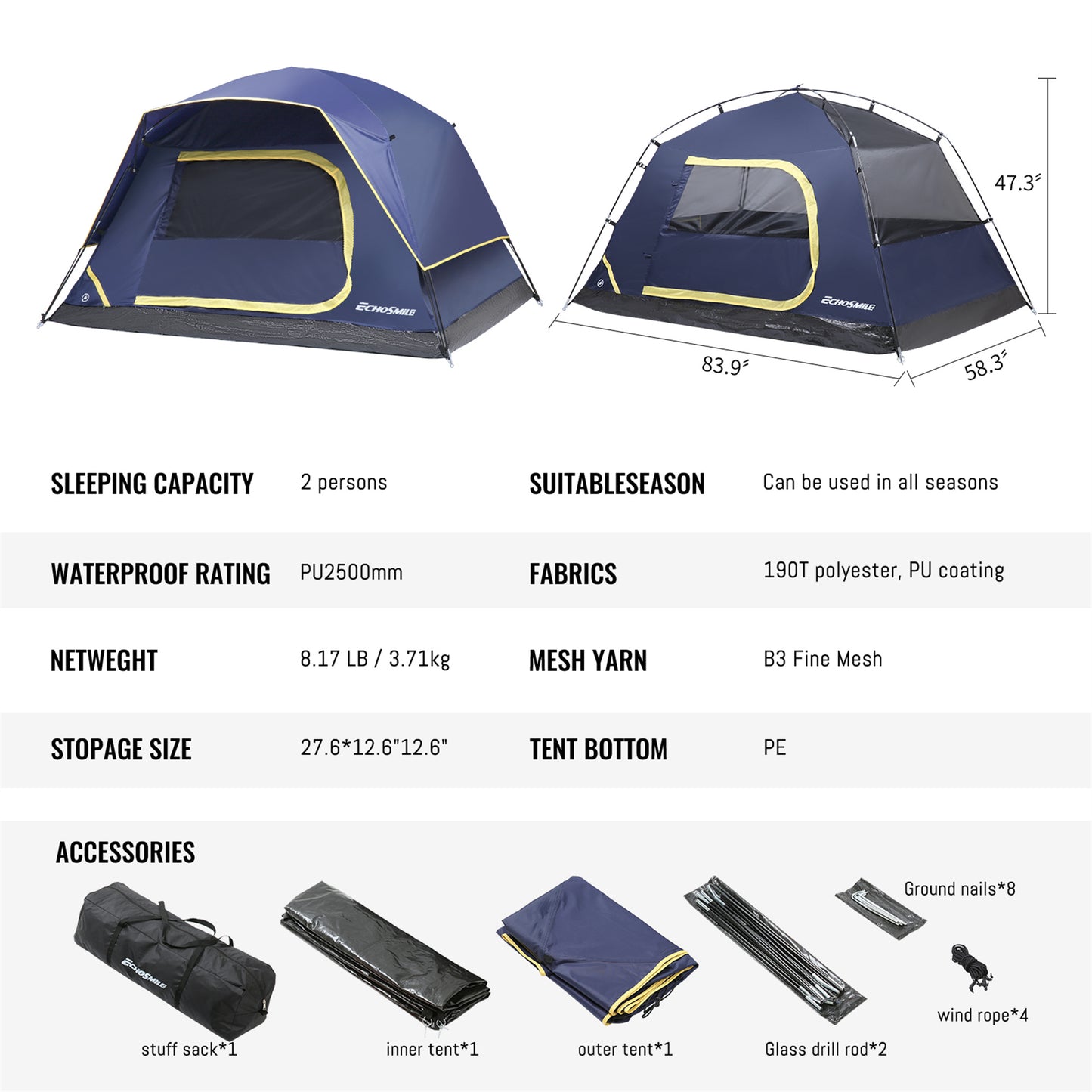 EchoSmile 2-Person Nylon Dome Tent