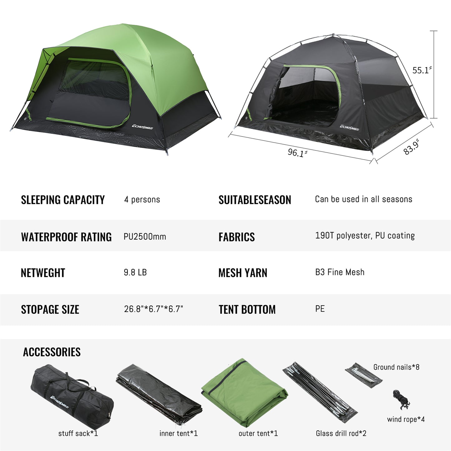 EchoSmile 2-Person Nylon Dome Tent