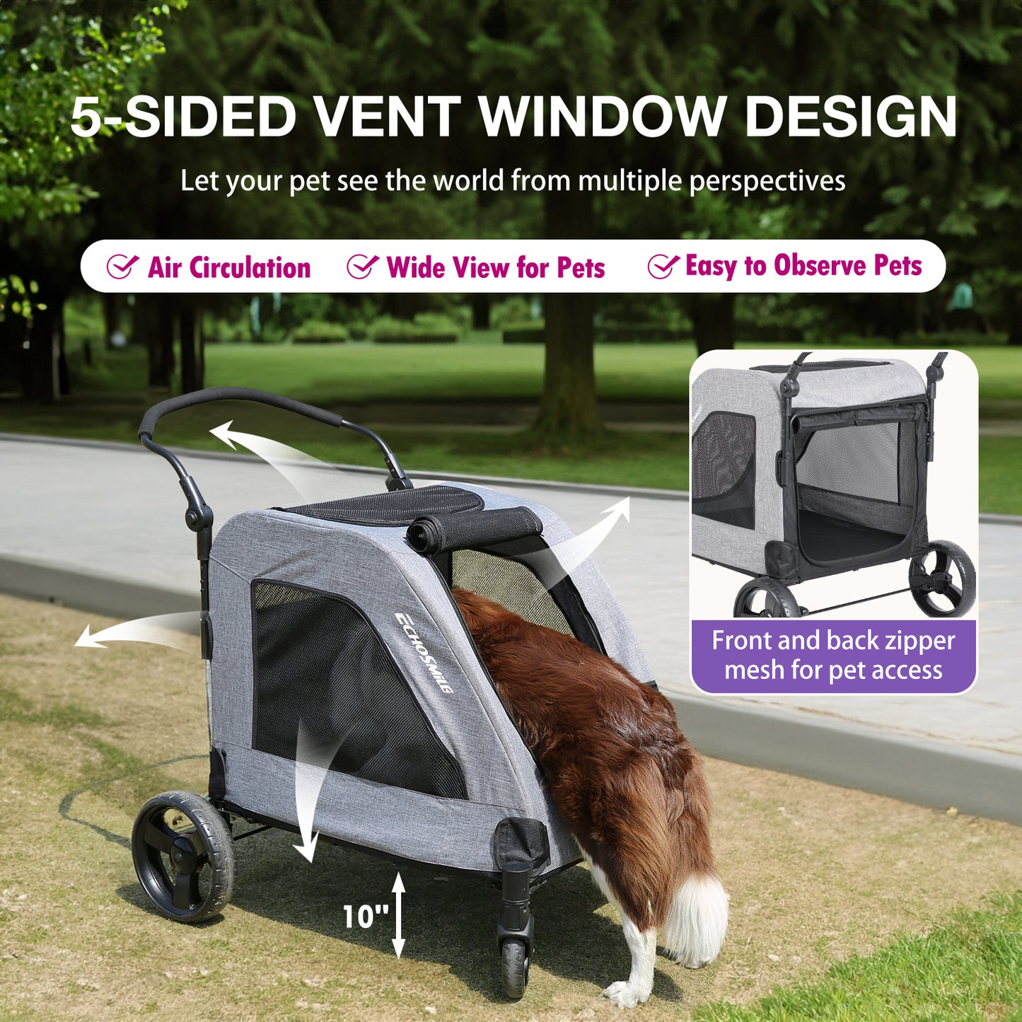 EchoSmile Gray Lightweight Folding Pet Stroller with Adjustable Handles
