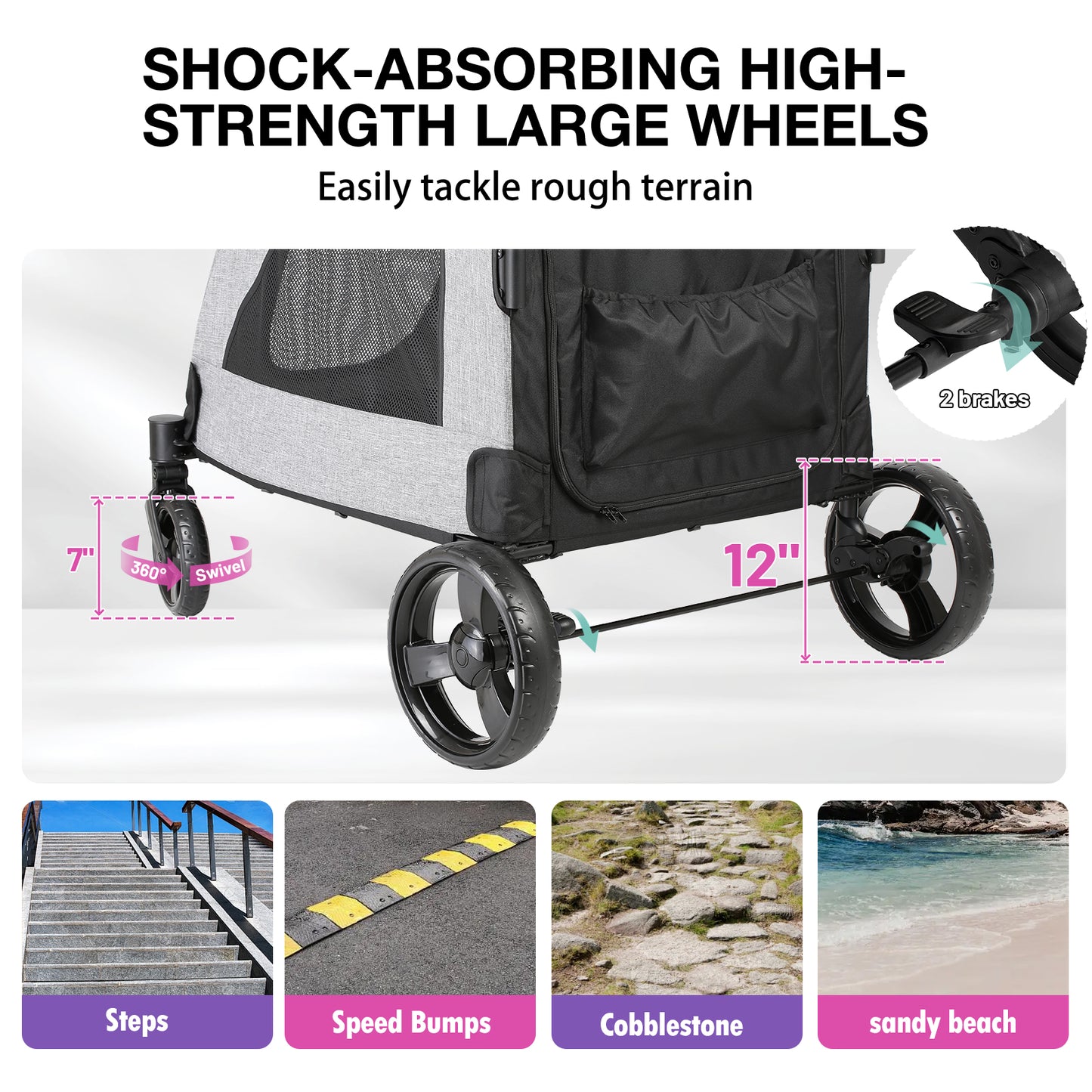 EchoSmile Gray Lightweight Folding Pet Stroller with Adjustable Handles